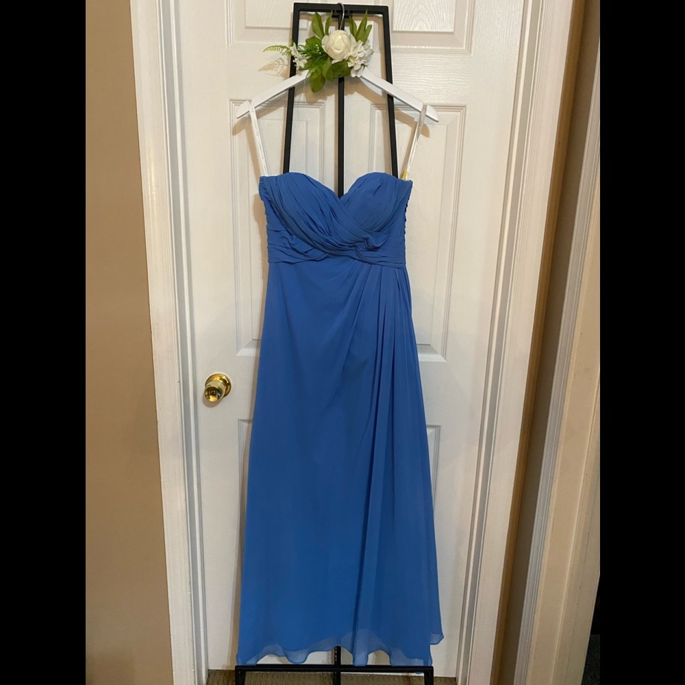 Cornflower blue long strapless bridesmaid dress